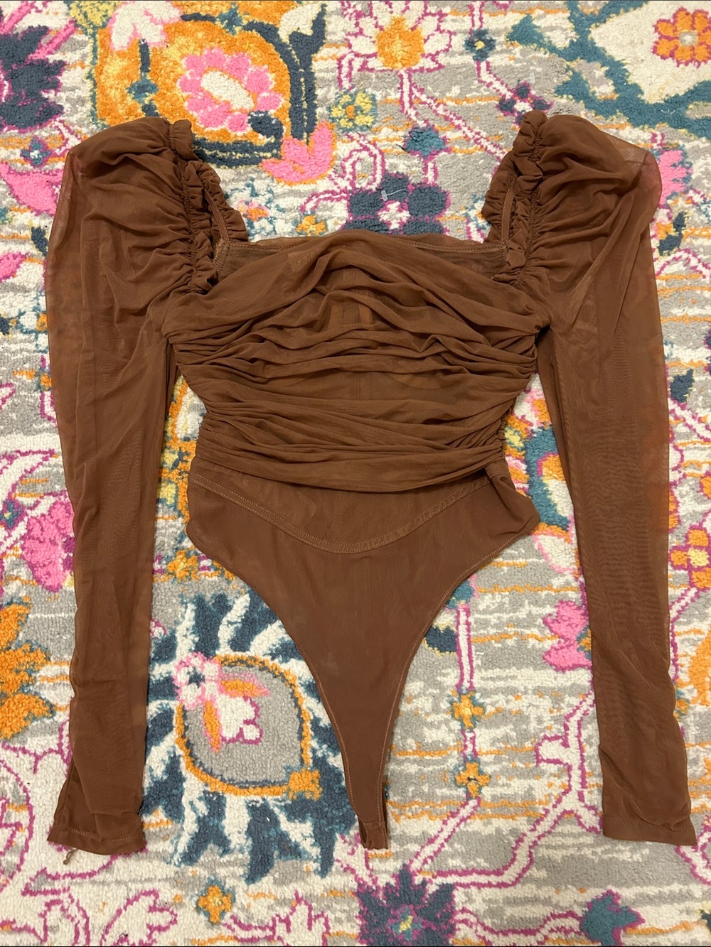 House Of CB Emme Mocha Ruched Chiffon Puff Sleeve Bodysuit Top Size Large - Picture 7 of 16